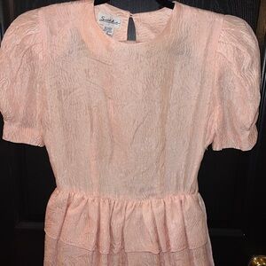 Vintage Silkline Blush Pink Peplum Dress | Short Sleeve Tiered Skirt | Size 6